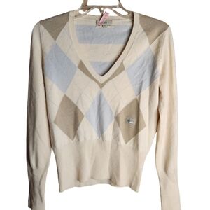 Burberry CashmereArgyle V-Neck Sweater - Cream and Tan Size Medium